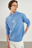 Erkek Kapüşonlu Logo Baskılı Oversize Şardonlu Sweatshirt - Mavi