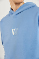 Erkek Kapüşonlu Logo Baskılı Oversize Şardonlu Sweatshirt - Mavi