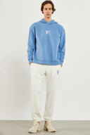 Erkek Kapüşonlu Logo Baskılı Oversize Şardonlu Sweatshirt - Mavi