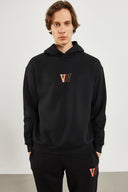 Erkek Kapüşonlu Logo Baskılı Oversize Şardonlu Sweatshirt - Siyah