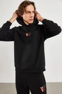 Erkek Kapüşonlu Logo Baskılı Oversize Şardonlu Sweatshirt - Siyah