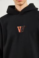 Erkek Kapüşonlu Logo Baskılı Oversize Şardonlu Sweatshirt - Siyah