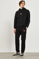 Erkek Kapüşonlu Logo Baskılı Oversize Şardonlu Sweatshirt - Siyah