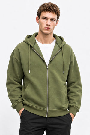 Erkek  Kapüşonlu Önden Fermuarlı Oversize Sweatshirt-Haki
