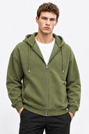 Erkek  Kapüşonlu Önden Fermuarlı Oversize Sweatshirt-Haki