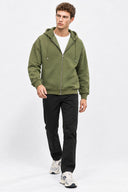 Erkek  Kapüşonlu Önden Fermuarlı Oversize Sweatshirt-Haki