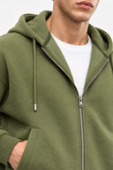 Erkek  Kapüşonlu Önden Fermuarlı Oversize Sweatshirt-Haki