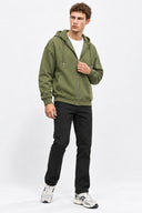 Erkek  Kapüşonlu Önden Fermuarlı Oversize Sweatshirt-Haki