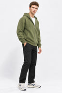 Erkek  Kapüşonlu Önden Fermuarlı Oversize Sweatshirt-Haki