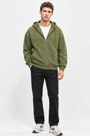 Erkek  Kapüşonlu Önden Fermuarlı Oversize Sweatshirt-Haki