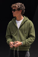 Erkek  Kapüşonlu Önden Fermuarlı Oversize Sweatshirt-Haki