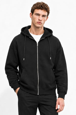 Erkek  Kapüşonlu Önden Fermuarlı Oversize Sweatshirt-Siyah