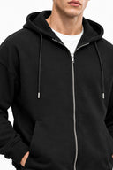 Erkek  Kapüşonlu Önden Fermuarlı Oversize Sweatshirt-Siyah