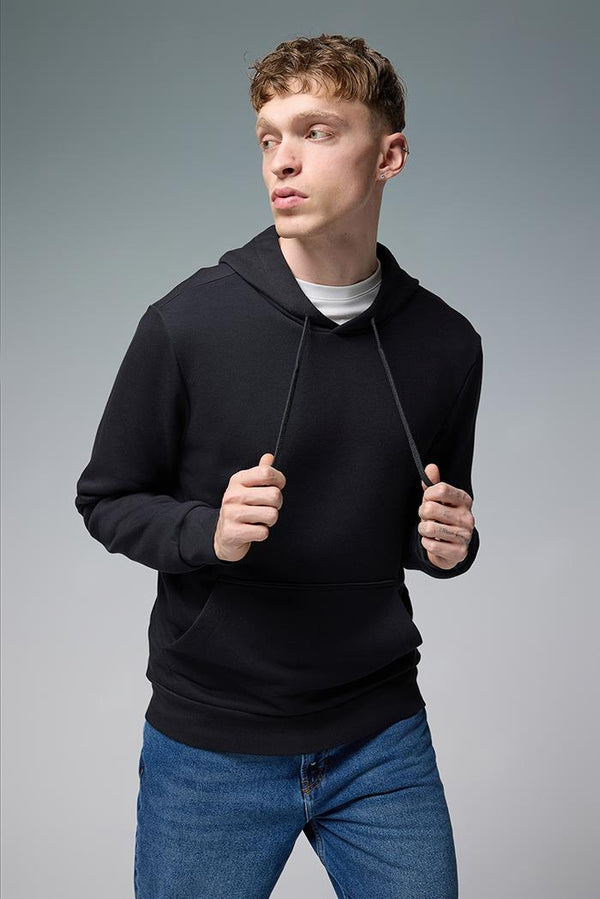 Erkek Kapüşonlu Siyah Basic Pamuklu Hoodie Sweatshirt