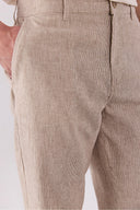 Erkek Ken Beli Lastikli Lycra Keten Chino Pantolon - Kahve Çizgili