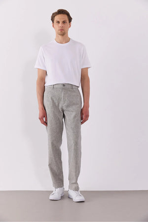 Erkek Ken Beli Lastikli Lycra Keten Chino Pantolon - Lacivert Çizgili