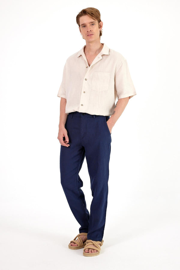 Ken Beli Lastikli Keten Chino Pantolon - NAVY