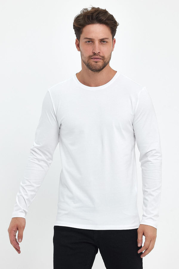 Nick Bisiklet Yaka Slim Fit Uzun Kollu Basic Tişört - BEYAZ