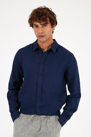 Erkek Nicolas Navy Regular Fit Keten Gömlek
