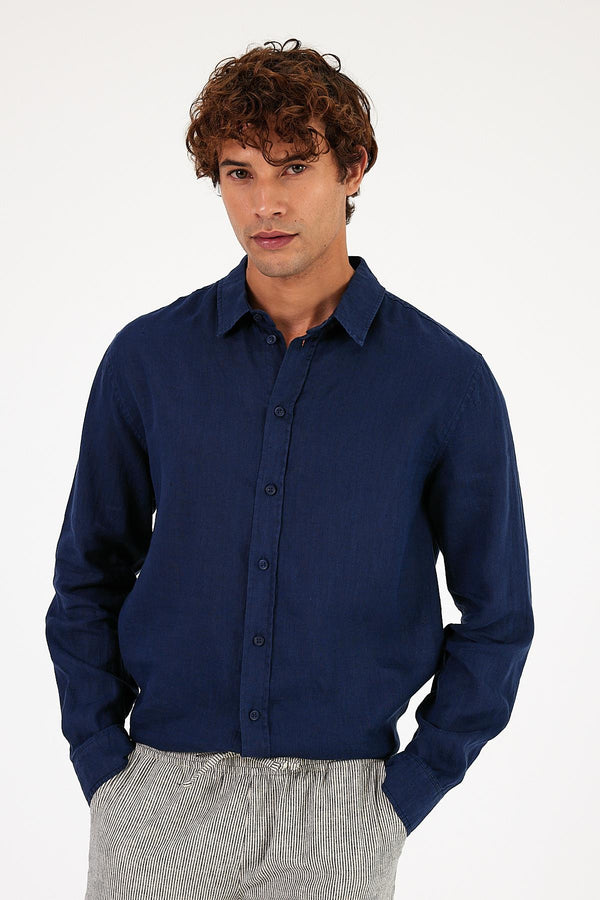 Erkek Nicolas Navy Regular Fit Keten Gömlek