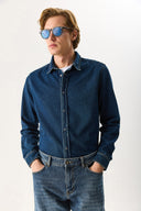 Erkek Nicolas Regular Fit Dark Blue Jean Gömlek %100 Pamuk - Dark Blue