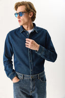 Erkek Nicolas Regular Fit Dark Blue Jean Gömlek %100 Pamuk - Dark Blue