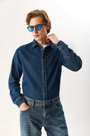 Erkek Nicolas Regular Fit Dark Blue Jean Gömlek %100 Pamuk - Dark Blue
