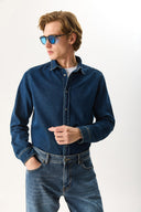 Erkek Nicolas Regular Fit Dark Blue Jean Gömlek %100 Pamuk - Dark Blue
