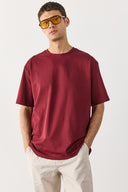 Erkek Oversize Kalın Tişört %100 Pamuk - Bordo