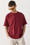 Erkek Oversize Kalın Tişört %100 Pamuk - Bordo