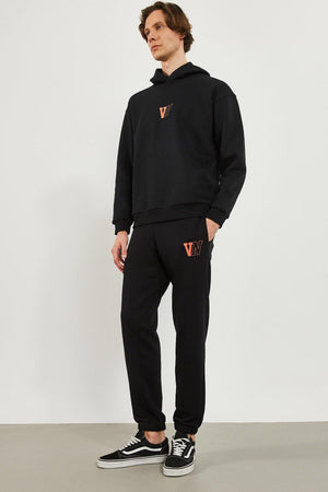 Erkek Paçası Lastikli Logo Baskılı Eşofman Altı - Siyah