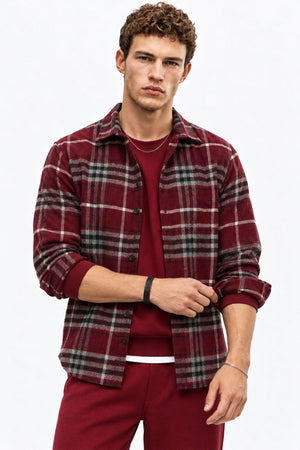Erkek Regular Fit Ekose Gömlek-Bordo
