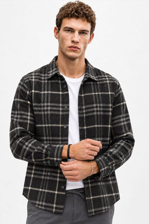Erkek Regular Fit Ekose Gömlek-Siyah