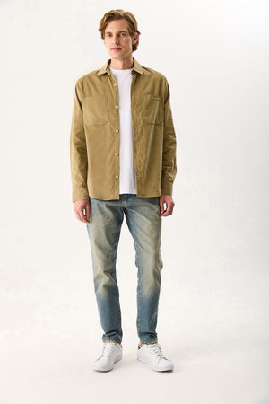 Erkek Regular Fit İnce Kadife Gömlek %100 Pamuk - Vizon