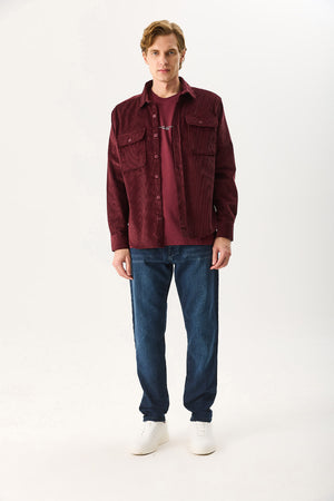 Erkek Regular Fit Kadife Dış Gömlek %100 Pamuk - Bordo