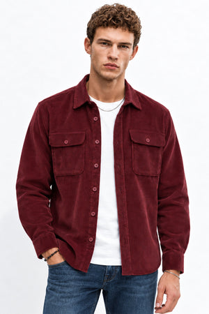 Erkek Regular Fit Kadife Dış Gömlek %100 Pamuk-Bordo