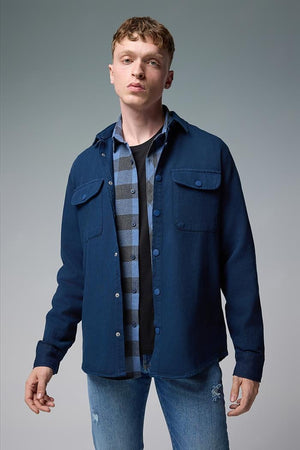 Erkek Regular Fit Kapaklı Cepli Gabardin Gömlek %100 Pamuk - Navy