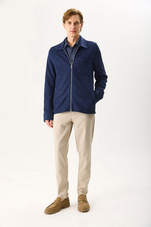 Erkek Regular Fit Önü Fermuarlı Yünlü Ceket - Lacivert