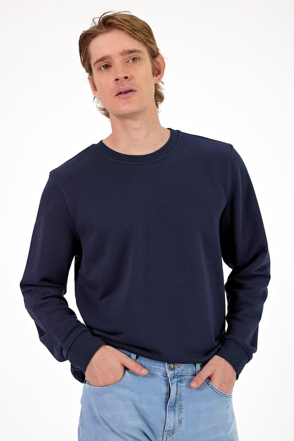 Erkek Rich Lacivert Melanj Bisiklet Yaka Regular Fit 3 İplik Sweatshirt