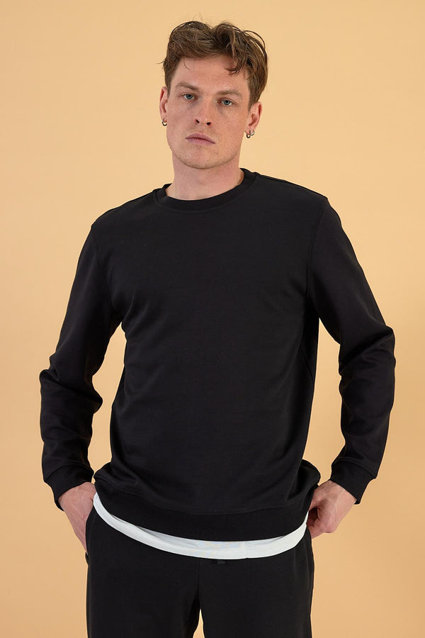 Erkek Rich Siyah Bisiklet Yaka Regular Fit Basic Sweatshirt