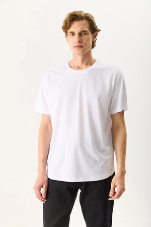 Erkek Walker Bisiklet Yaka Slim Fit Tişört %100 Pamuk - Beyaz