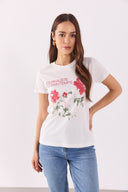 Kadın Flower Baskılı Tişört %100 Pamuk - Fildişi