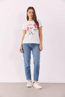 Kadın Flower Baskılı Tişört %100 Pamuk - Fildişi