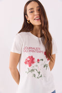 Kadın Flower Baskılı Tişört %100 Pamuk - Fildişi