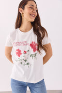 Kadın Flower Baskılı Tişört %100 Pamuk - Fildişi