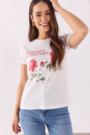 Kadın Flower Baskılı Tişört %100 Pamuk - Fildişi