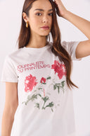 Kadın Flower Baskılı Tişört %100 Pamuk - Fildişi