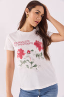 Kadın Flower Baskılı Tişört %100 Pamuk - Fildişi