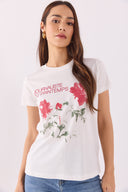 Kadın Flower Baskılı Tişört %100 Pamuk - Fildişi