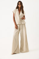 Kadın Geniş Paçalı Dökümlü Keten Pantolon - Naturel